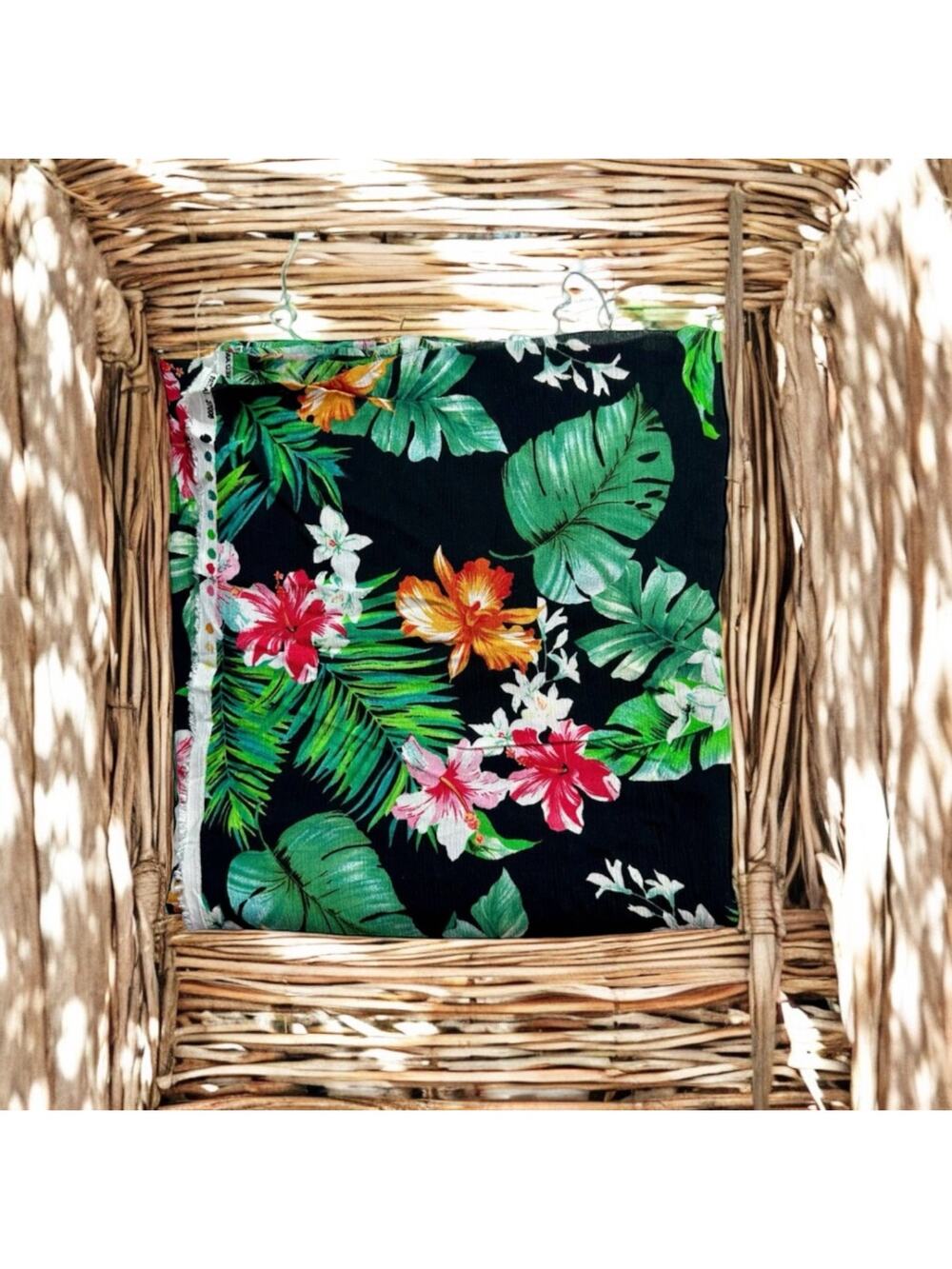 Joann Fabric 1.5 Yards Black Tropical Hawaiian Print Fabric Remnant Synthetic